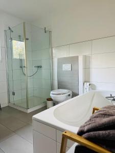 a bathroom with a tub and a toilet and a glass shower at Die Ibbenbürener Ferienstube in Ibbenbüren