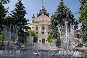 budynek z fontannami wodnymi przed nim w obiekcie Hotel Crystal w Koszycach