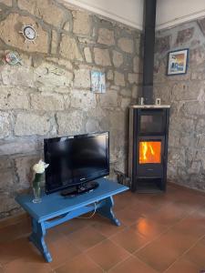 a tv sitting on a table next to a fireplace at Antica Peschiera Porto Botte in Porto Botte