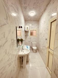 KAMAL HOTEL APARTMENTS في المنصورة: حمام أبيض مع حوض ومرحاض