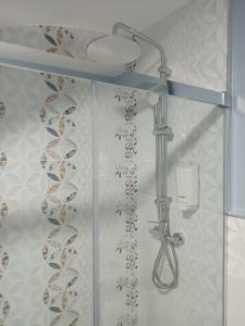 ducha con puerta de cristal y cabezal de ducha en Estudios La Casina, en Cáceres