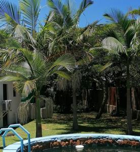 a swimming pool with palm trees in a yard at Foundation Lodge in Sodwana Bay