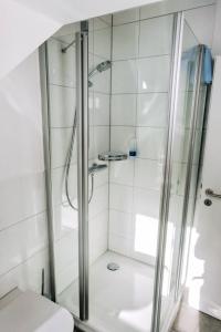 prysznic ze szklanymi drzwiami w łazience w obiekcie Galeriehotel Maribondo w mieście Worpswede