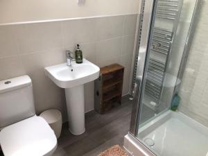 ein Bad mit einem WC, einem Waschbecken und einer Dusche in der Unterkunft 4 bedroom luxurious detached home in Liskeard