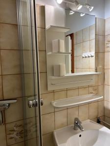 ein Bad mit einem Waschbecken und einem Spiegel in der Unterkunft Seeschlösschen 1-07 in Grömitz