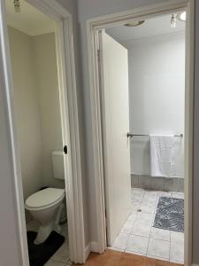 ein Badezimmer mit einem weißen WC und einer Dusche in der Unterkunft Free secure parking & WiFi in this Executive 3 BR. in Kalgoorlie