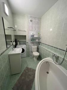 a bathroom with a sink and a toilet and a tub at Apartmán u Lukáša in Žilina