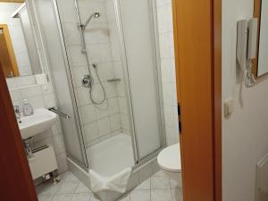 uma casa de banho com um chuveiro, um WC e um lavatório. em ciao-aschau Grenzhub FeWo 312 Göke em Aschau