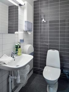 a bathroom with a white toilet and a sink at Göteborgs Bed & Breakfast in Gothenburg