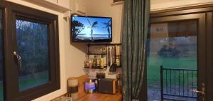 un televisor sentado en una pared junto a una ventana en Peppercorn Pod at Beck House Glamping en Salmonby