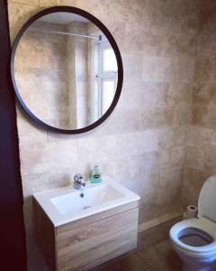 a bathroom with a sink and a mirror and a toilet at Chester/Handbridge sleeps 6 with BT Sports & Pac-man in Hough Green