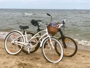 dos bicicletas estacionadas en la playa cerca del agua en Apartamenty Villa Fiori, en Sobieszewska Pastwa