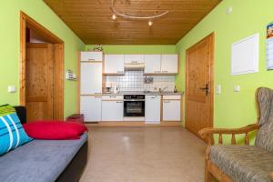 una cocina con paredes verdes y un sofá en una habitación en Grießlhof, en Pleystein