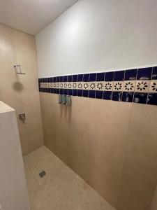 a bathroom with a shower with blue tiles on the wall at Jardin Del Mar in Puerto Pe&ntilde;asco