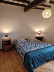 ein Schlafzimmer mit einem Bett und zwei Nachttischen mit Lampen in der Unterkunft Maison dans le sud du Gers 