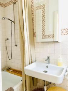 La salle de bains est pourvue d'un lavabo et d'une douche. dans l'établissement Stylisches Haus mit Garten in zentraler Lage, à Wuppertal