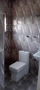 ein Badezimmer mit einem weißen WC und einem Waschbecken in der Unterkunft Thuvaraga Inn in Nuwara Eliya