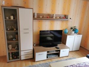 a living room with a entertainment center with a tv at FeWo Albrecht direkt am Diemelsteig in Diemelsee