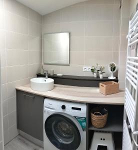 een badkamer met een wasmachine en een wastafel bij Charmante maison de Ville , 4 personnes , LES HERBIERS in Les Herbiers