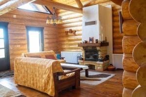 a living room with a fireplace and wooden walls at Chalet 33 - Spacious, cosy and a wonderful view in Predeluţ