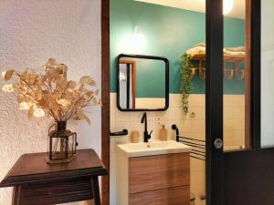 ein Bad mit einem Waschbecken und einem Spiegel in der Unterkunft Studio cosy Chez Ré in Meximieux