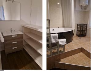 2 fotografías de un baño con lavabo y bañera en BruStar Gotic-Centric, en Barcelona