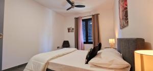 a bedroom with a bed and a ceiling fan at Le Mandarin, appartement climatisé, centre-ville à moins de 10min à pied, Saint Paul, 4 personnes in Saint-Paul