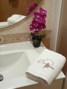 een handdoek en een vaas met bloemen op een wastafel in de badkamer bij Casa Maria in Olivenza