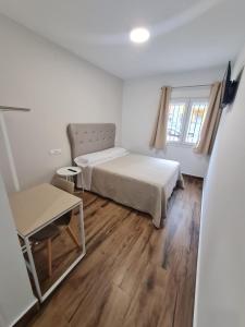 1 dormitorio con cama, escritorio y mesa en Hostal Santa Ana, en Huelva