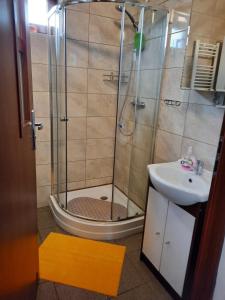 bagno con doccia e lavandino di Pensjonat Wiktoria Mielenko a Mielenko