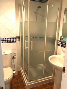 a bathroom with a shower with a toilet and a sink at Marina Isla Canela apartment in Huelva