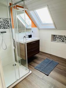 a bathroom with a shower and a sink and a skylight at La Dame du Lac in Waimes