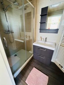 W łazience znajduje się szklana kabina prysznicowa i umywalka. w obiekcie La Dame du Lac w mieście Waimes