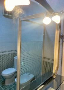 y baño con aseo y ducha acristalada. en RTSH Apartment, en Tirana