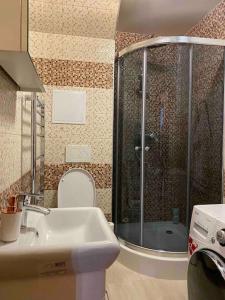y baño con ducha, lavabo y aseo. en Krásny podkrovný 3-izbový byt v širšom centre BREZA, en Martin