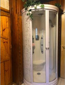 een witte douche in een kamer met bij Chambre d'hôte txaleta (le Chalet) in Saint-Priest-sous-Aixe