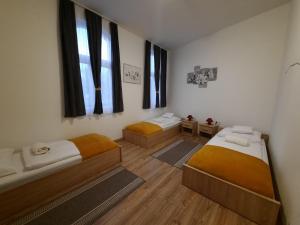 a room with two beds and two windows at Orchidea Apartmanház in Gyomaendrőd