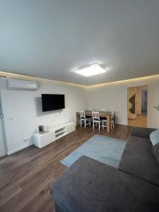 a living room with a couch and a flat screen tv at Familienwohnung neben dem See,Messe und Europapark in Offenburg