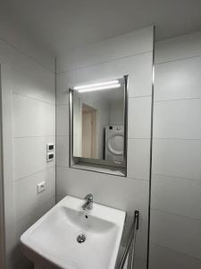 a white bathroom with a sink and a mirror at Familienwohnung neben dem See,Messe und Europapark in Offenburg