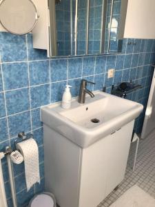 ein Badezimmer mit einem weißen Waschbecken und einem Spiegel in der Unterkunft Ferienwohnung Sonnendeck in Eckernförde