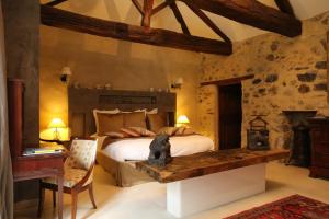 a bedroom with a bed and a table and a desk at Chateau de la Rode in Aumessas +28 photos