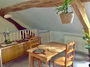 uma mesa e cadeiras numa cozinha com uma planta no tecto em Villa Capucine em Aubigny-sur-Nère