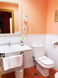 Un baño con inodoro, lavabo y espejo. en Posada La Casona de Los Güelitos, en Santillana del Mar 37 fotos más