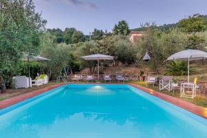 una gran piscina con sillas y sombrillas en Villa Dondolino, a Stylish Farmhouse en Lucca