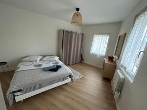 a bedroom with a bed and two windows at Appartement T2 lumineux et cosy au calme proche du centre avec TV Netflix et Wifi in La Rochelle