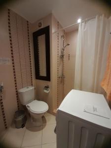 a bathroom with a toilet and a shower and a sink at Green Life Beach Resort Private Studio Flat First Line Kavatsi Smokinya Beach Sozopol in Sozopol