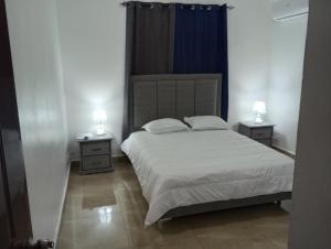 a bedroom with a large bed with two night stands at Departamentos Rosa Bella in Santo Domingo