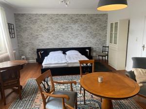 a bedroom with a bed and a table and chairs at Ferienwohnung Adolfshof 1 in Malente