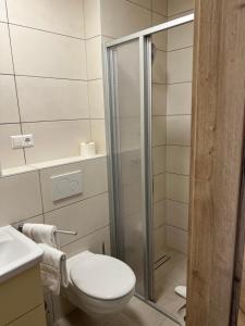 a bathroom with a toilet and a glass shower at Boardinghouse MDS in Aschheim +11 photos