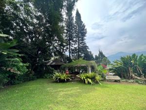 um jardim com um banco e um gazebo em Log Cabin Mountain View Tugu Selatan Cisarua em Campaka